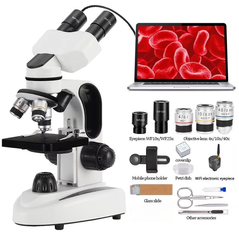 Microscope Compound 40X - กล้องจุลทรรศน์แบบสองตา ขยายได้ 40X-1000X พร้อมไฟ LED คู่,