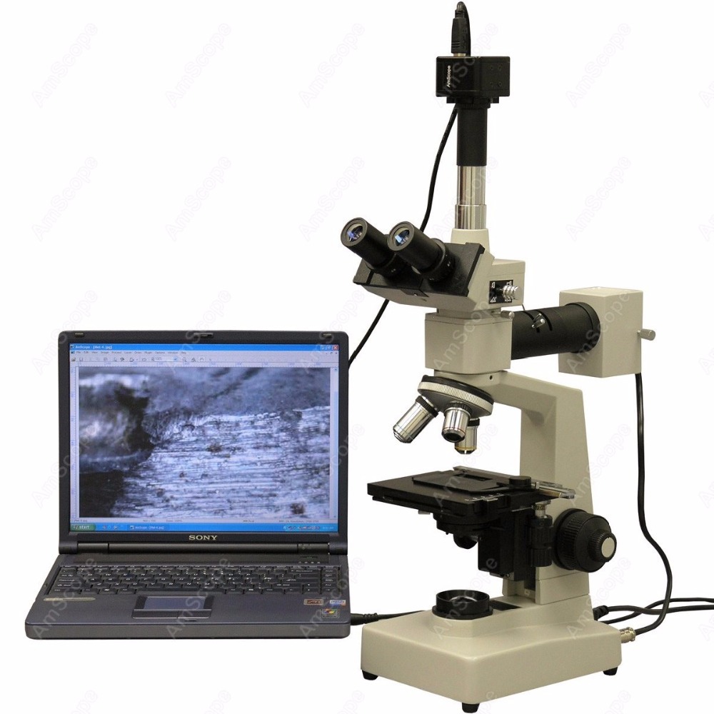 Microscope Compound 40X - กล้องจุลทรรศน์แบบผสมผสานสามตา AmScope สำหรับงานโลหะวิทยา กำลังขยาย 40X-1600X พร้อมกล้อง